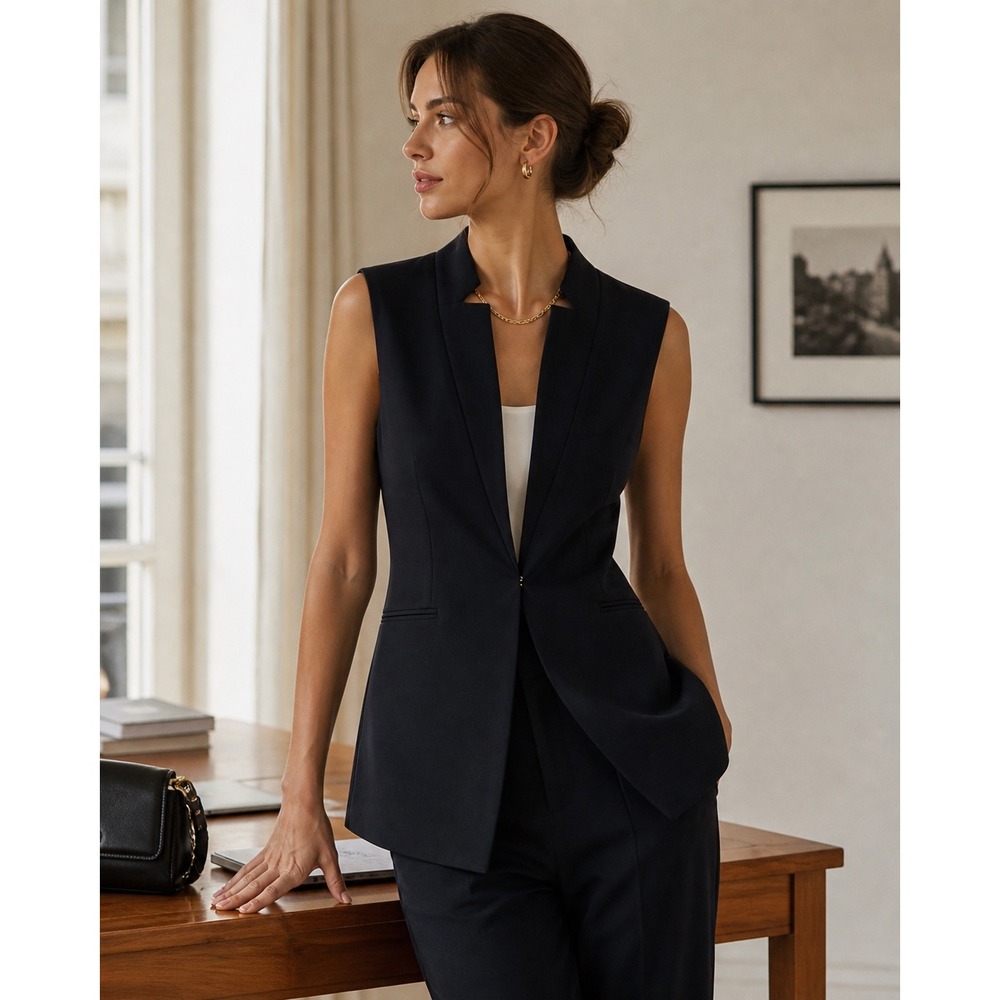 DKNY Navy Blue Sleeveless Blazer Vest Size 8 Tailored Longline Minimalist Chic